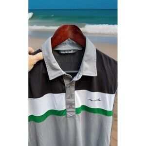 Travis Mathew Polo Golf Shirt SS Polyester Gray Green Embroidered Logo Men Large